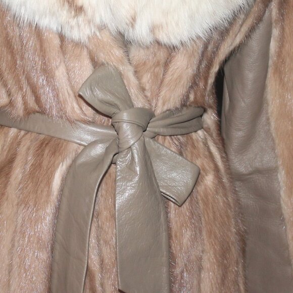 Genuine Fox Collar Belted Mink Fur & Leather Jacket Coat M - Picture 3 of 9